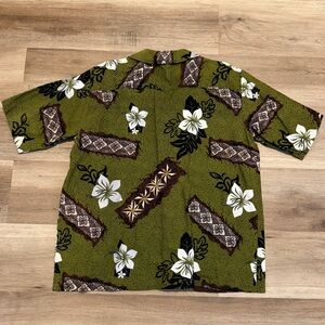 Vtg 60s 70s Barkcloth Hawaiian Shirt Green Tribal Floral Pocket Button up L